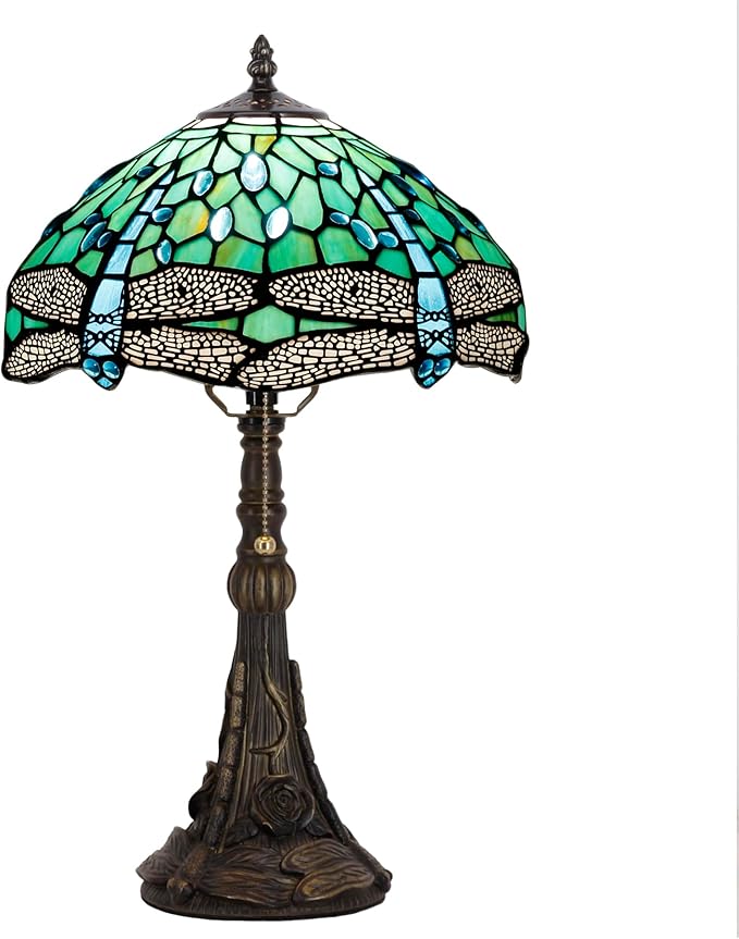 Tiffany Stained Glass Table lamp 12X12X19 Inch Green Dragonfly Style Desk Bedroom Living Room Reading Light (Green Dragonfly)