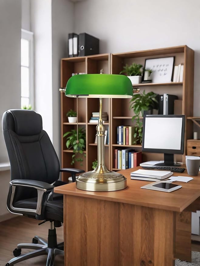 Newrays Glass Bankers Desk Lamp with Pull Chain Switch Plug in Fixture (Green-Simple, Simple Style)