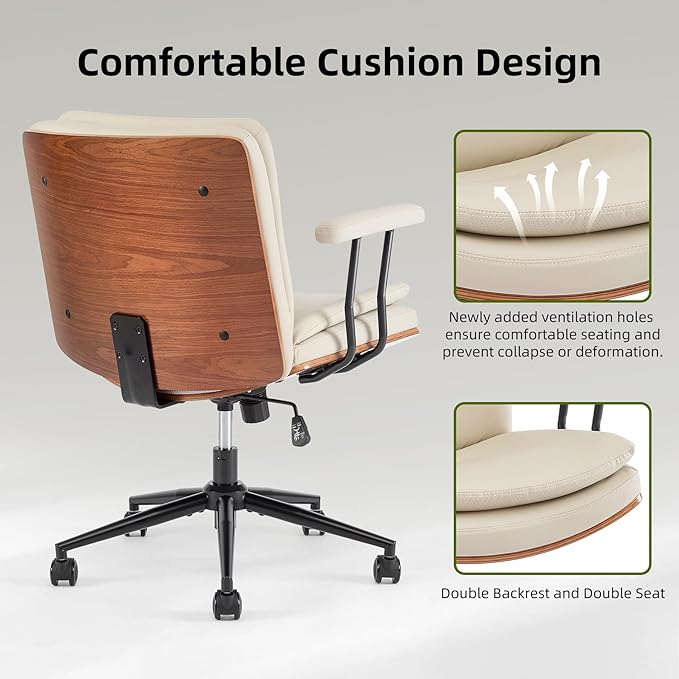 Criss Cross Chair with Armrests & Wheels, PU Leather Adjustable Swivel Walnut Task Chair with Wide Seat, Ergonomic Mid Back Computer Office Desk Chairs for Meeting Room, Home
