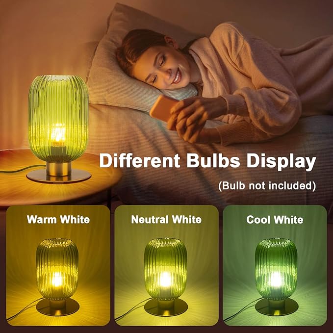 Green Glass Table Lamp, Mid Century Modern Table Lamp Vintage Gold Bedside Lamp with Brass Metal Base, Decorative Desk Lamp Small Boho Lamps for Bedroom Nightstand Living Room Office