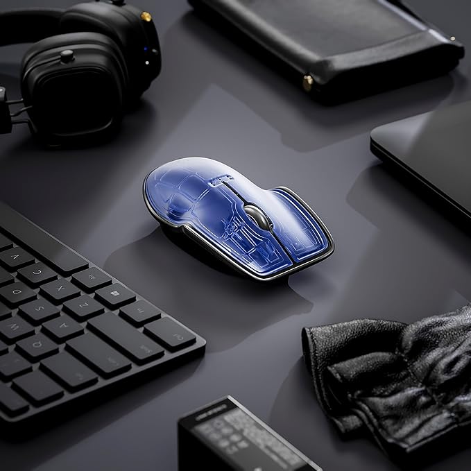 LUNAR ARTEFACTS Ambidextrous Rechargeable Bluetooth Wireless Computer Mouse Navy Blue Translucent with Black Powder Coated Aluminum, USB-C