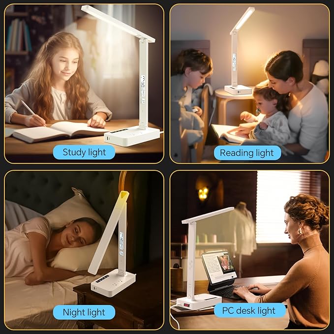 Power Strip with LED Desk Lamp, 2 Outlets 1 USB-A Ports 1 Type-C Ports, Small Desk Lamp with Surge Protection and Led Display, 5ft Extension Cord, 5 Color Modes 5 Brightness, Dorm Room Essentials