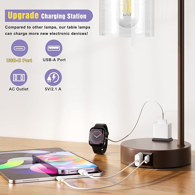 Innqoo Industrial Touch Table Lamps - 3-Way Dimmable Desk Lamps Set of 2 with USB C+A Ports and Outlet, Brown Bedside Lamps with Clear Glass Shade for Living & Bedrooms