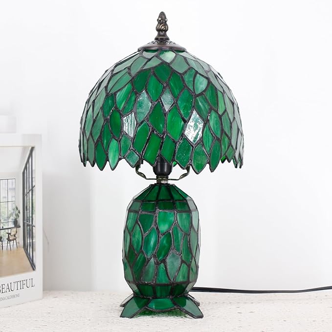 Small Tiffany Lamp Stained Glass Table Lamp Mini Mother Daughter Vase Desk Accent Night Light for Bedroom Bedside Reading Home Antique Style 8X14 Inches (Green Wisteria)