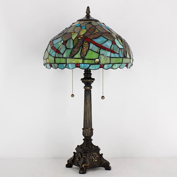 Tiffany Table Lamp Green Red Stained Glass Desk Lamp 12X12X21 Inches Dragonfly Style Reading Light