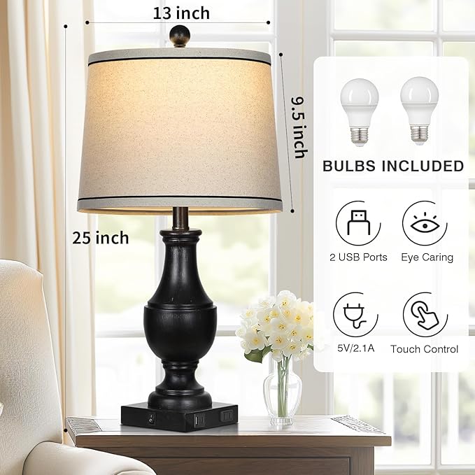 Vintage Farmhouse Lamps Set of 2, 25" Rustic Retro Table lamps with USB A+C Charging Ports & AC Outlet, Antique Resin Traditional Bedside Lamp with Linen Fabric Lampshade for Living Room Bedroom Black