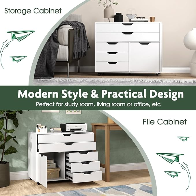 LOKO 5-Drawer File Cabinet, Mobile Chest of Drawers with Side Cabinet, Door Cabinet with 5 Casters, Rolling Lateral Filing Cabinet, Storage Cabinet Unit for Living Room, Study, Home Office
