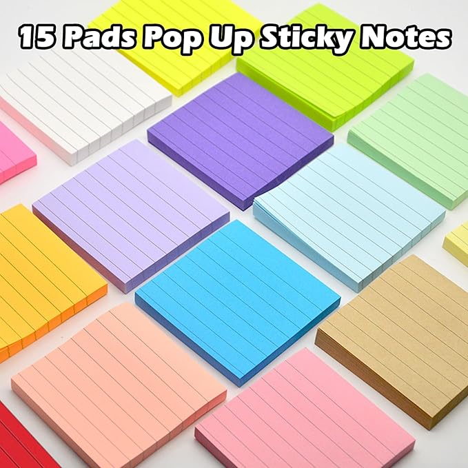 15 Pads Pop Up Sticky Notes,15 Bright Colors Self-Stick Notes Pads with Lines,1500 Sheet Lined Sticky Notes 3x3 Inch Pop up Refills,Clean Removal,Assorted Pastel Colors,100 Sheets/Pad