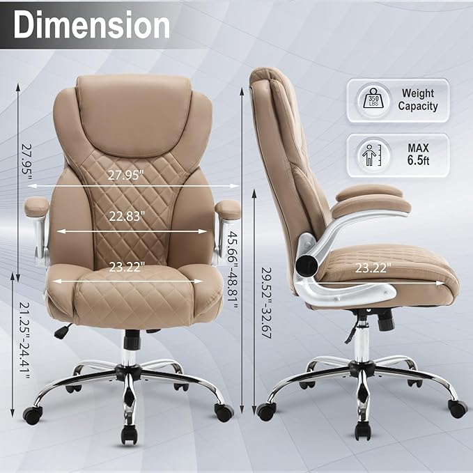 Leather Executive Office Chair, High Back Ergonomic Office Desk Chairs with Wheels, 90-120° Rocking Managerial Home Computer Chairs with Flip up Arms and Lumbar Support(Light Brown)