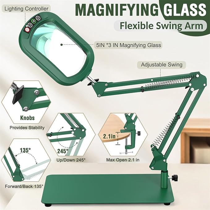 Veemagni 10X Rectangle Magnifying Glass with Light and Stand, 5 Color Modes Stepless Dimmable, 2-in-1 LED Lighted Desk Lamp & Clamp, Hands Free Magnifier for Reading Crafts Painting Close Work - Green