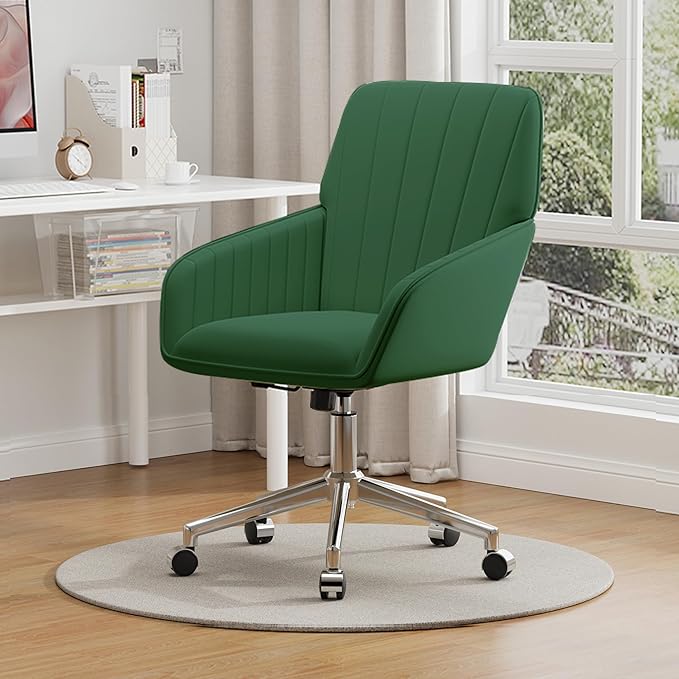 YISHENG Velvet Office Desk Chair with Silver Base, with Wheels,Modern Height Adjustable 360 Degree Swivel Upholstered Vanity Chairs with Arms for Living Room Bedroom,Green