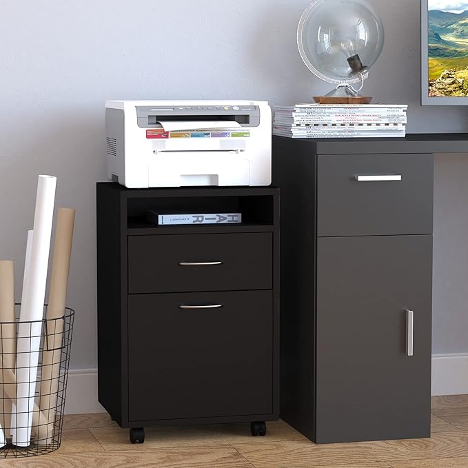 HOMCOM Mobile Storage Cabinet Organizer with Drawer and Cabinet, Printer Stand with Castors, Black