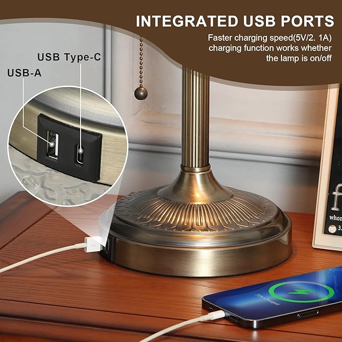 Newrays Green Glass Bankers Desk Lamp with Pull Chain Switch Plug in Fixture,USB Fast Charging Port