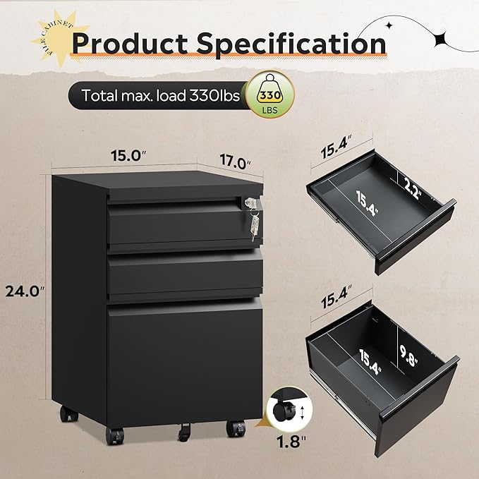 DEVAISE 3 Drawer File Cabinet with Lock, Black Metal Mobile Filing Cabinet Under Desk, Home Office Furniture fits A3/A4/Letter Size, 17" D x 15" W x 24" H