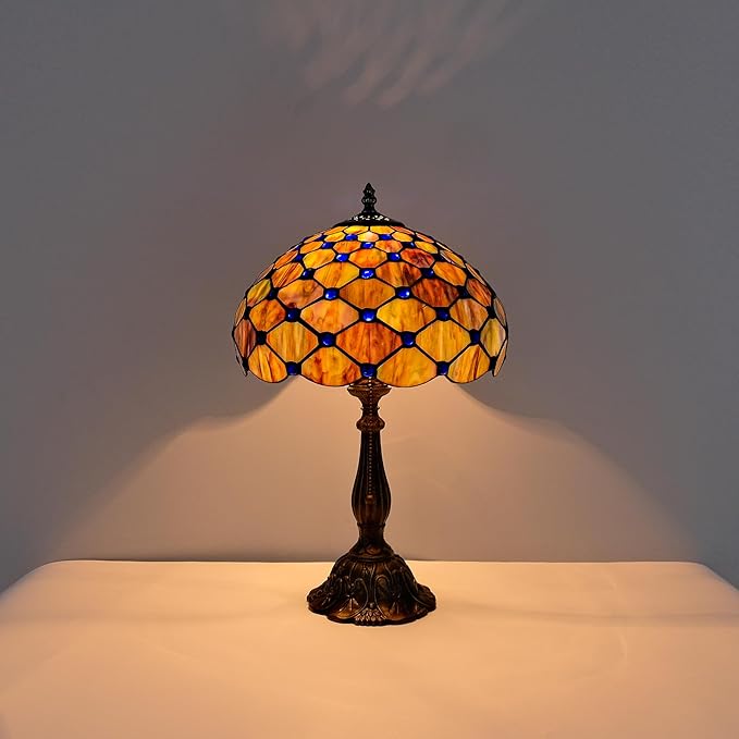 Tiffany Lamp Vintage Gradient Green Stained Glass Bead Table Lamp Desk Bedside Reading Light Decor Bedroom Living Room Home Office D12*H18 Inches (Gradient Green)