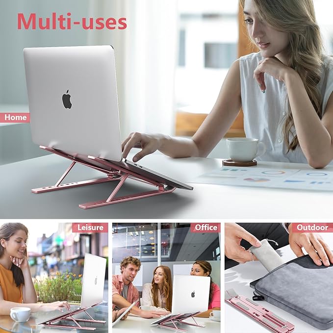 Laptop Stand for Desk, Aluminum Metal MacBook Stand,Computer Riser for Desk, Portable Foldable Adjustable Notebook Holder, Compatible with 10-15.6 Inch Laptops, iPad, Rose Gold.