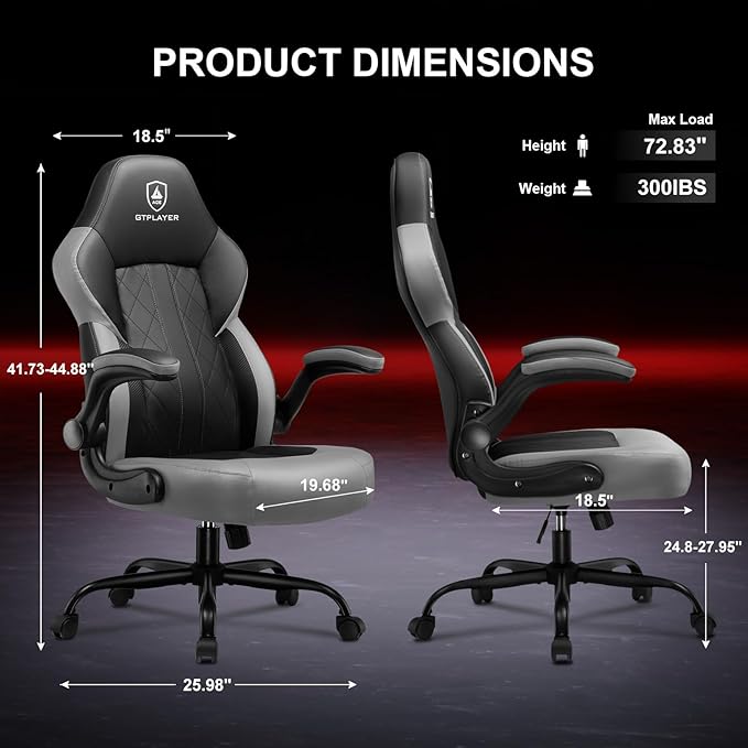 GTPLAYER Video Gaming Chair, Ergonomic Computer Gaming Chair with Flip-Up Armrests and Adjustable Height, Comfortable Desk Chairs with Built-in Lumbar Support, Recliner with 360°Swivel (Dark Gray)