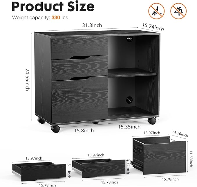File Cabinet with 3 Drawers, Mobile Lateral Filing Cabinet with Open Storage Shelves for Home Office Under Desk Storage, Black