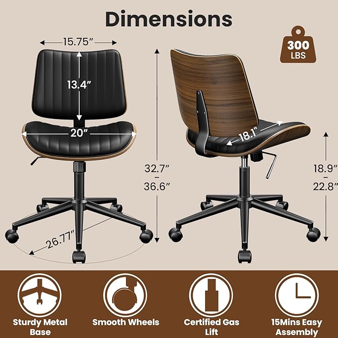 Home Office Chair with Wheels, Armless Office Desk Chair Height Adjustable, Swivel Rolling Modern Walnut Mid Back Computer Task Chair for Home, Small Space, Black, Vertical Stripe