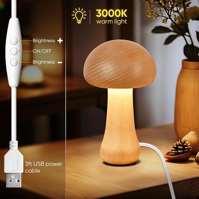 LED Creative Mushroom Table Lamp, Wood Desk Lamp, Bedroom Bedside Night Light, Dimmable Led Lighting, Creative Home Decor Table lamp, Unique House warmging Gift