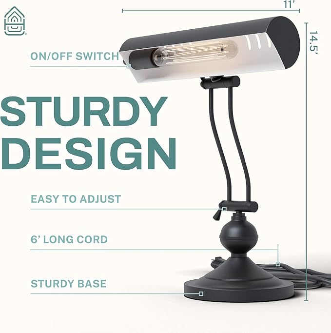 Home Intuition Classic Antique Retro Adjustable Leaning Piano Lamp Banker Desk Light with LED Bulb Included (Matte Black)