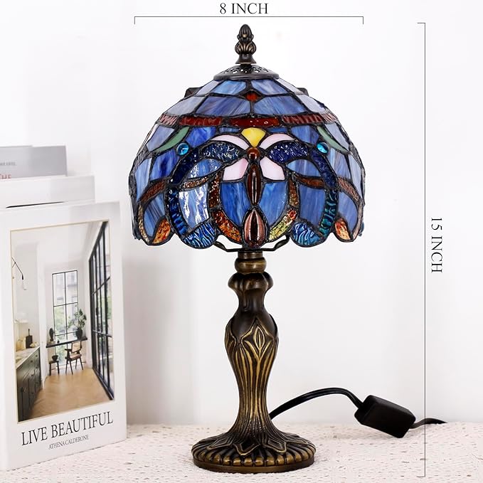Small Tiffany Lamp Stained Glass Table Lamp Mini Desk Accent Light for Bedroom Bedside Reading Home Antique Style Decor 8X15 Inches (Blue Purple)