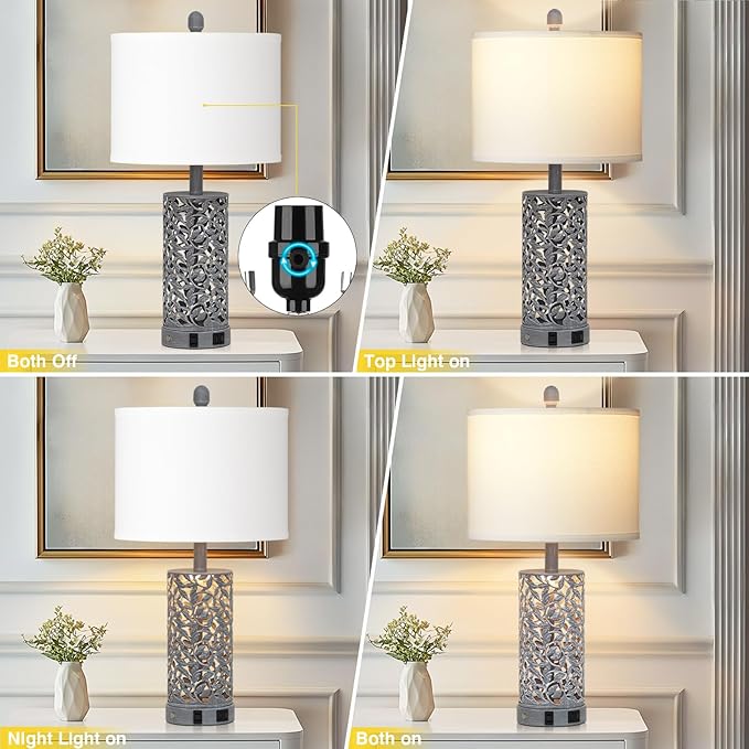Vintage Lamp for Living Room Set of 2,Antique Retro Bedside Nightstand Lamps with 2 USB Ports & AC Outlet,Touch Control Industrial Desk Lamp for Bedroom Entryway,Gray