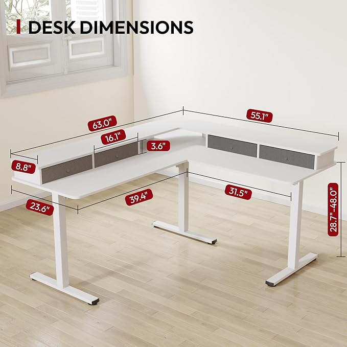 SANODESK 63" L Shaped Standing Desk with 3 Drawers, Height Adjustable Stand up Desk, Corner Gaming Desk with Monitor Stand, White Frame/White Top
