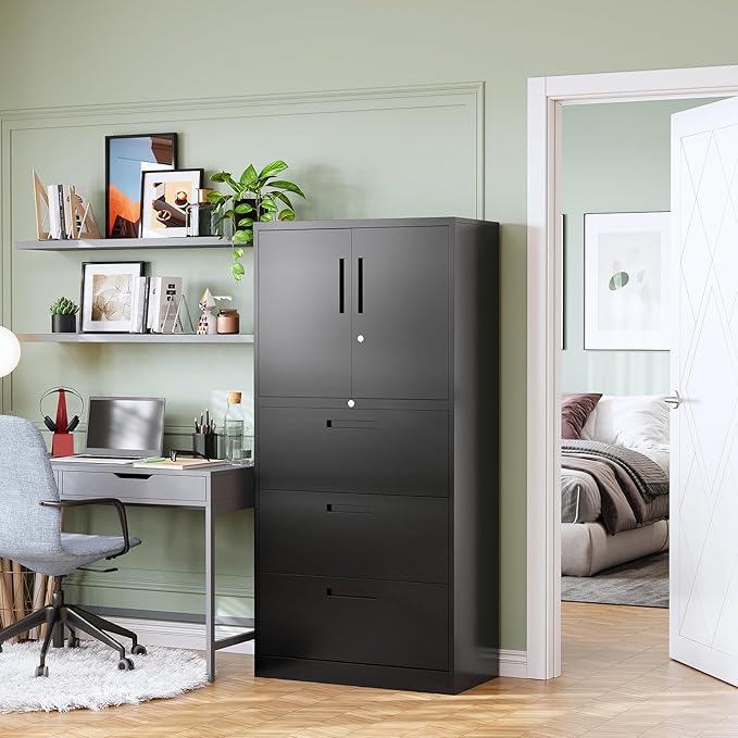 Vertical/Horizontal File Cabinet - 3-Drawer, Locking Metal Cabinet for Home Office, Storage for Legal/Letter/A4 Files - Assemble Required (Black)