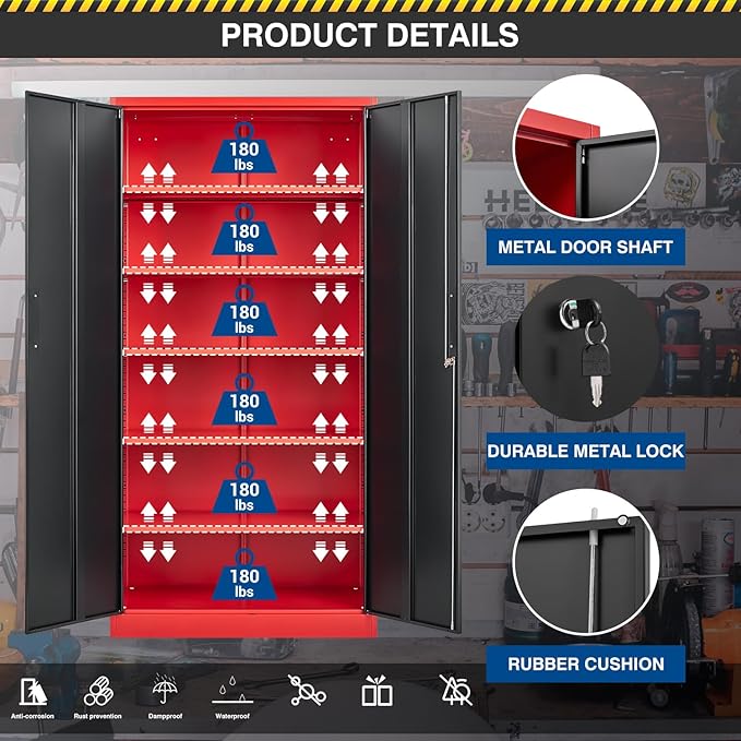 Metal Storage Cabinet-72” Tall Steel File Cabinets with Lockable Doors and Adjustable Shelves-Black&Red Steel Storage Cabinet for Home, School, Office, Garage
