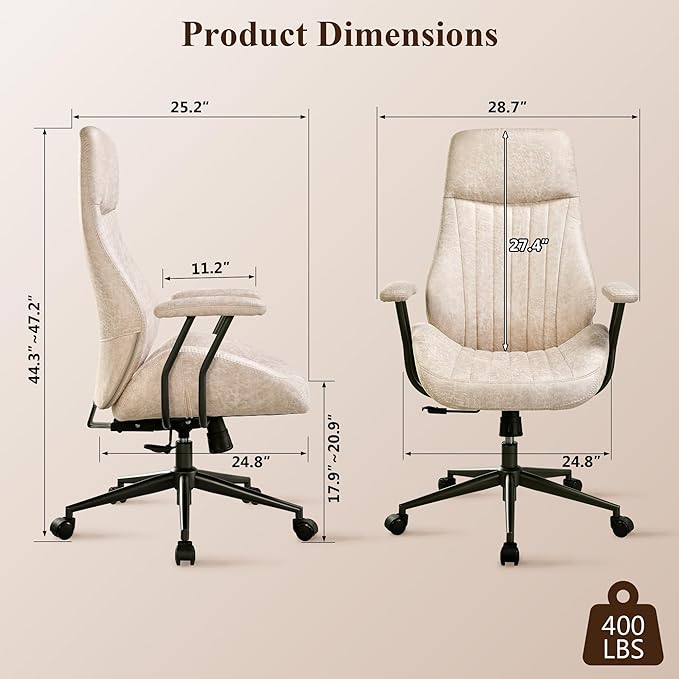 Mid Century Modren Office Chair - Fuax Leather Suede Brown Executive Chairs Ergonomic Mid Back with Lumbar Support, Swivel Computer Desk Task Chair with Wheels for Home Office (Beige, Hign Back)