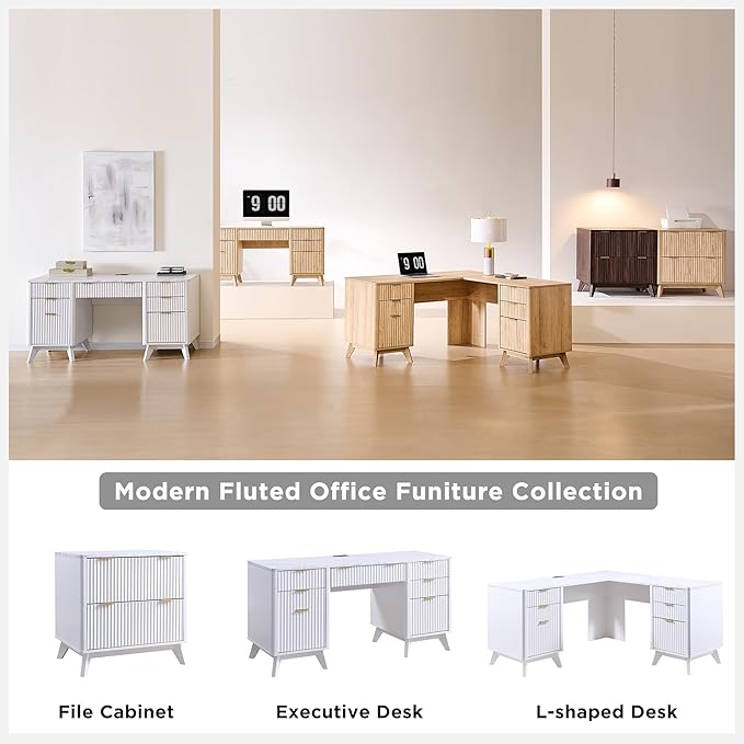 T4TREAM 60'' Fluted Executive Desk with Drawers, Modern Home Office Computer Desk with Charging Station, Keyboard Tray, File Drawer and Storage Cabinet for Study, Living Room, Bedroom, Solid White