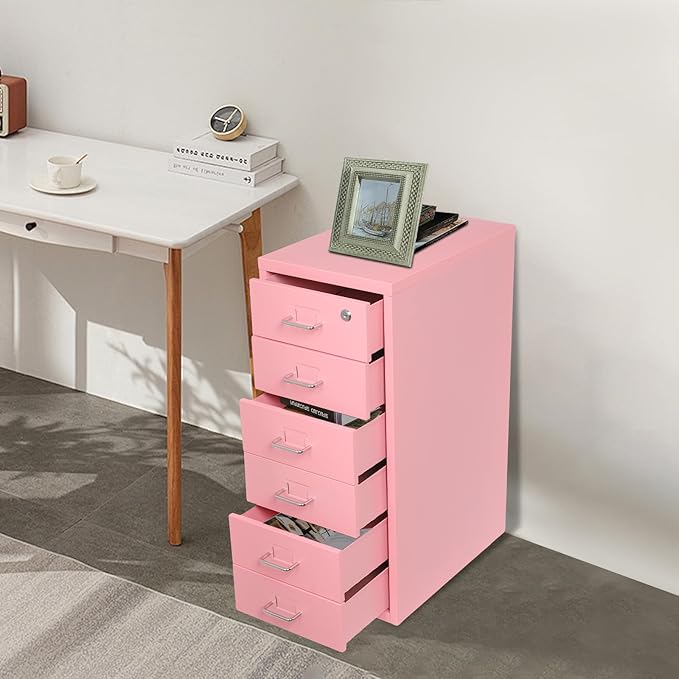 6 Drawers Rolling File Cabinet, Pink Metal Filing Cabinets with Lock, 27 inch H Vertical Filing Cabinet Under Desk for Home Office, Heavy Duty Metal Storage Cabinet for A4/Letter/Legal Size File