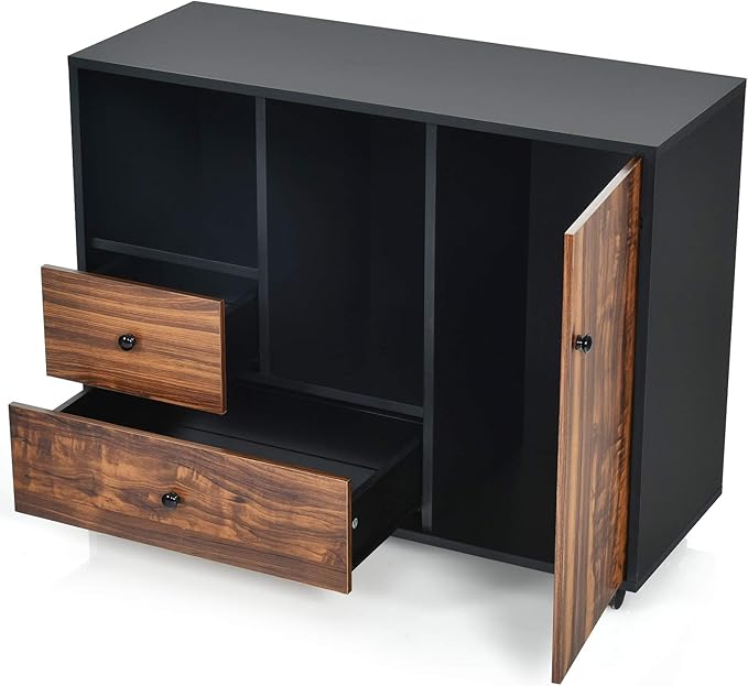 Giantex Mobile Filing Cabinet 2 Drawers, Large Storage Cabinet, Printer Stand on Wheels, Wood Lateral Industrial File Organizer with Open Shelves for Home and Office Use(Black+Brown, 4 Wheels)