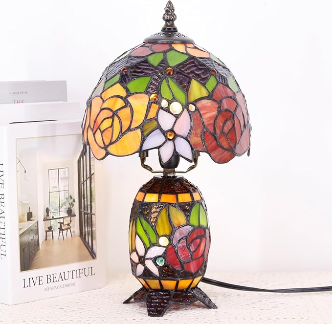 Small Tiffany Lamp Stained Glass Table Lamp Mini Mother Daughter Vase Desk Accent Night Light for Bedroom Bedside Reading Home Antique Style 8X14 Inches (Red Yellow)