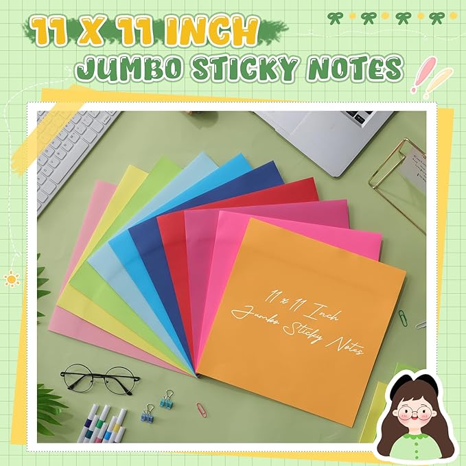 Zubebe 20 Pads 11 x 11 Inch Large Sticky Notes Jumbo Bright Colors Sticky Notepads Self Stick Note Square Memo Post Stickies for Office School, 25 Sheets/pad (Multicolor)