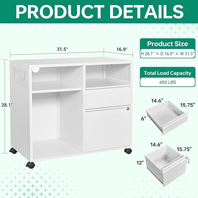 Letaya Mobile File Cabinet, Metal Lateral Rolling Printer Stand Filing Cabinets with Shelves for Home Office-Storage A4/F4/Letter (White)