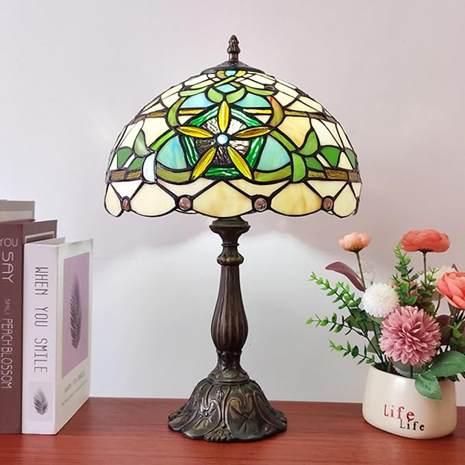 Tiffany Table Lamp Yellow Stained Glass Reading Light 3-Way Small Decorate Lamp for Home Living Room Nightstand Bedroom Office Include Bulb