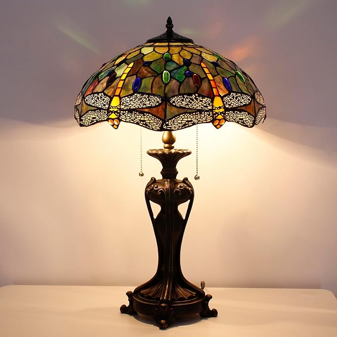 Tiffany Stained Glass Table Lamp 16X16X24 Inch Amber Yellow Dragonfly Style Desk Bedroom Living Room Antique Reading Light (Amber Yellow)