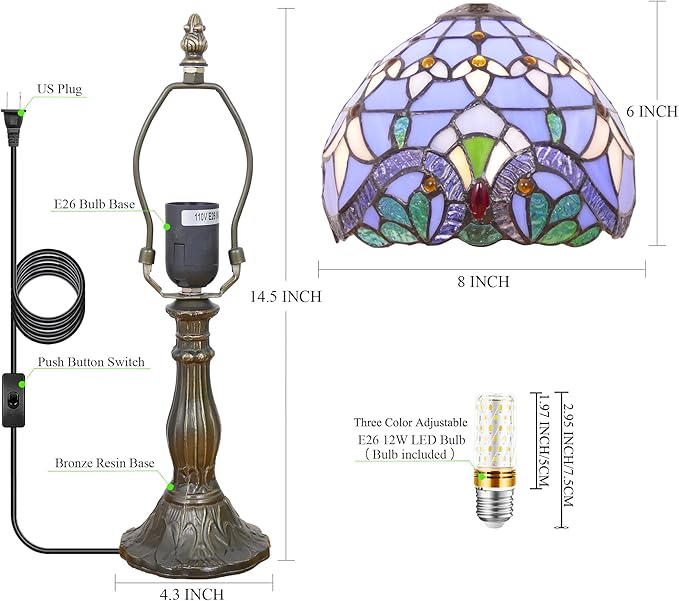 Small Tiffany Lamp Mini Stained Glass Table Lamp Bedside Accent Lamp Memory Sympathy 8X14.5 Inch (Baroque Style)