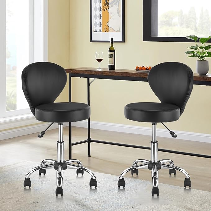 Pu Leather Round Rolling Swivel Salon Stool Chair, with Adjustable Height and Back Support for Office Massage Facial Spa Medical Drafting Tattoo Beauty Barber Black 1PK