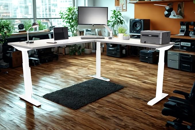 Lift It, Electric Sit Stand Height Adjustable 72"x30" I 48"x24" L-Shape Office Desk for Office or Home, Dual Motor and 4 Memory Digital Control with USB Charging, Grey Pattern Top, White Frame