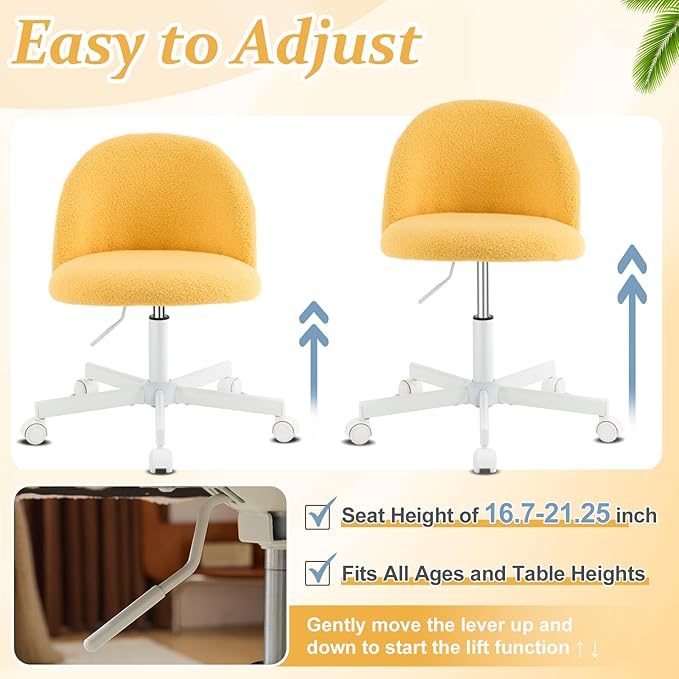 VINGLI Candy Chair Armless Cute Desk Chair,Comfy Small Office Chair with Wheels,Vanity Chair Lumbar Support,Teddy Adjustable Rolling Swivel Computer Task Chair for Home Office,Bedroom,Sunny Egg Yellow