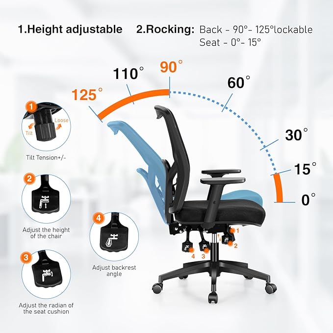 Sophia & William Ergonomic Rocking Mesh Office Desk Chair High Back, Modern 360° Swivel Executive Computer Chair with Height Adjustable Armrests, Lumbar Support, Black
