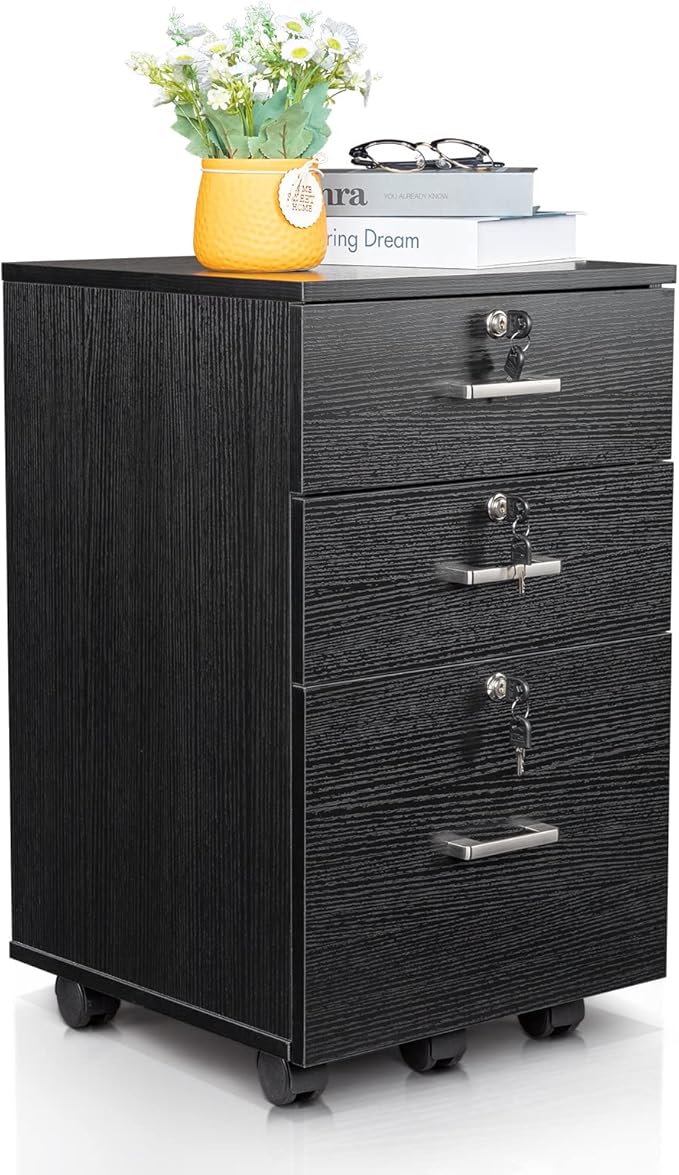 Karl home Wooden File Cabinet, 3 Drawer Vertical File Cabinets with 3 Lock,Printer Stand Mobile Storage Cabinet,Filing Storage Drawer for Home,Office,Black(15.75" L x 15.75" W x 26.1" H)