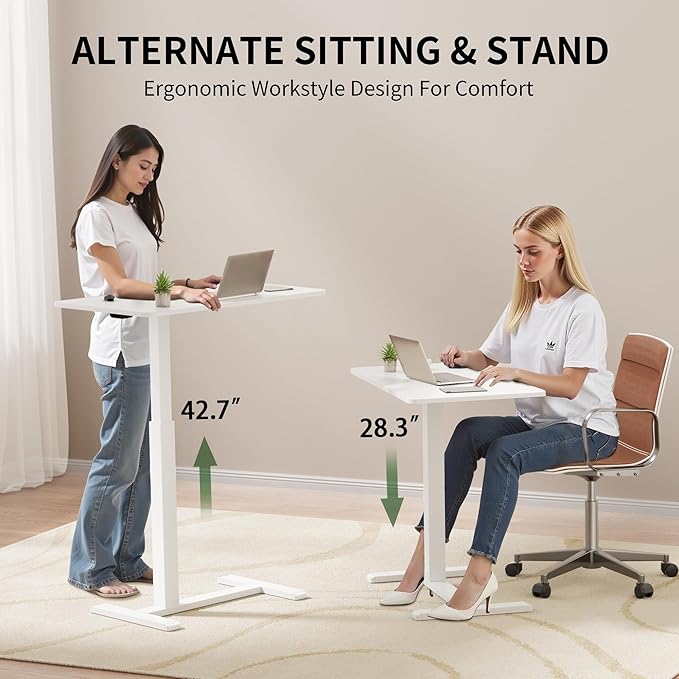 Rolling Standing Desk with Hidden Wheels,Overbed Bedside Table Adjustable Height,Pneumatic Laptop Desk Rolling Computer Cart for Home,Office,White