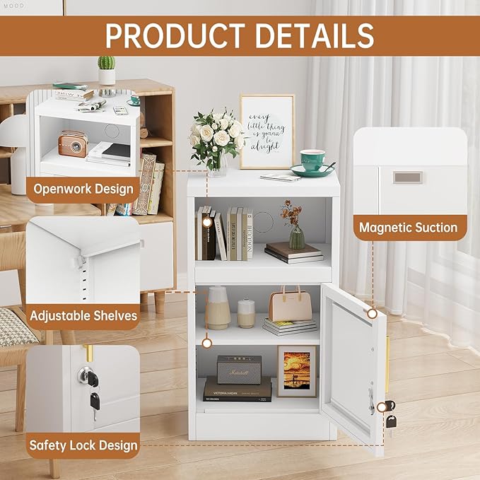 Metal White Nightstand with Lockable, 27.56" Small End Table Storage Cabinet with Door and Adjustable Shelf, Versatile Side Table for Bedroom, Living Room or Office (White)