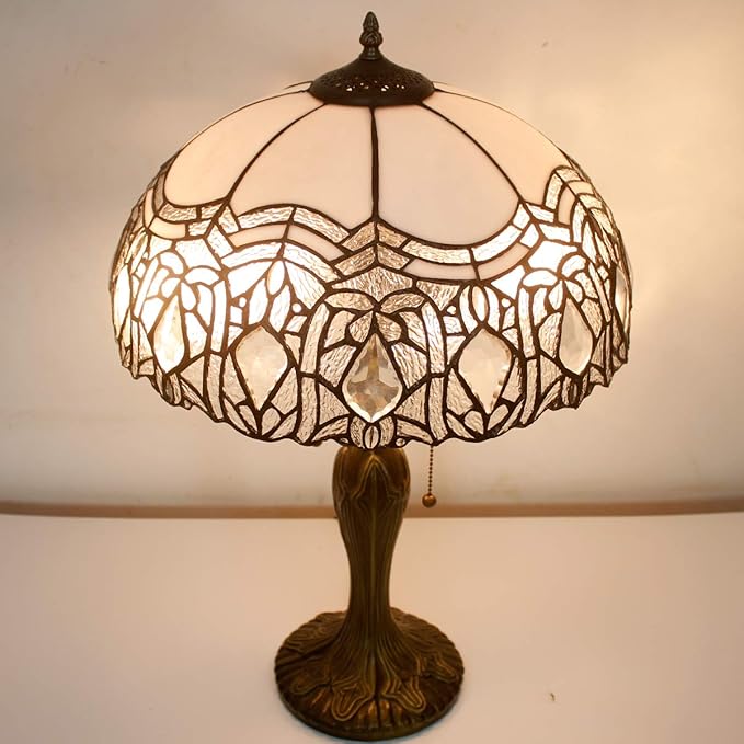 WERFACTORY Tiffany Style Table Lamp White Stained Glass Crystal Bedside Lamp 16X16X24 Inch Desk Reading Light Metal Base Decor Bedroom Living Room Home Office S508W Series