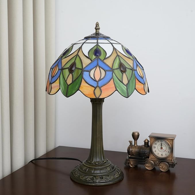 Tiffany Lamp Stained Glass Table Lamp 12-Inch Green Peacock Feather Living Room Bedside Table Coffee Shop Dormitory Home Office Decoration Tiffany Style Retro Luxury Decoration Gift (Orange lamp)