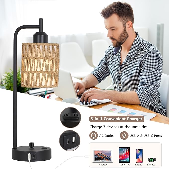 Rattan Table Lamps for Living Room Set of 2, Boho Bedside Lamps with LED Bulbs, USB Charging Ports and Outlet, Farmhouse Nightstand Lamp with Woven Shade, Black Desk Lamp for Bedroom Office